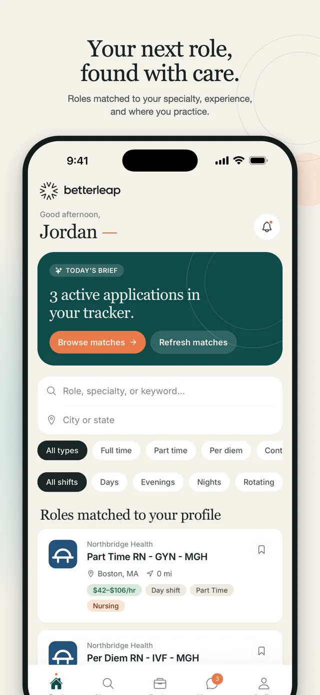 The Betterleap app showing a feed of healthcare jobs