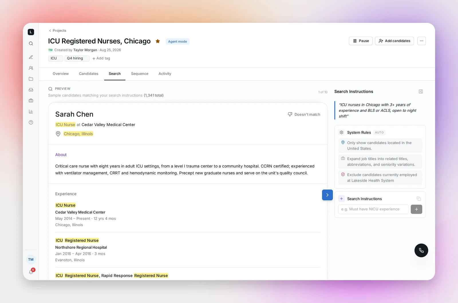 Search Instructions on an Agent project