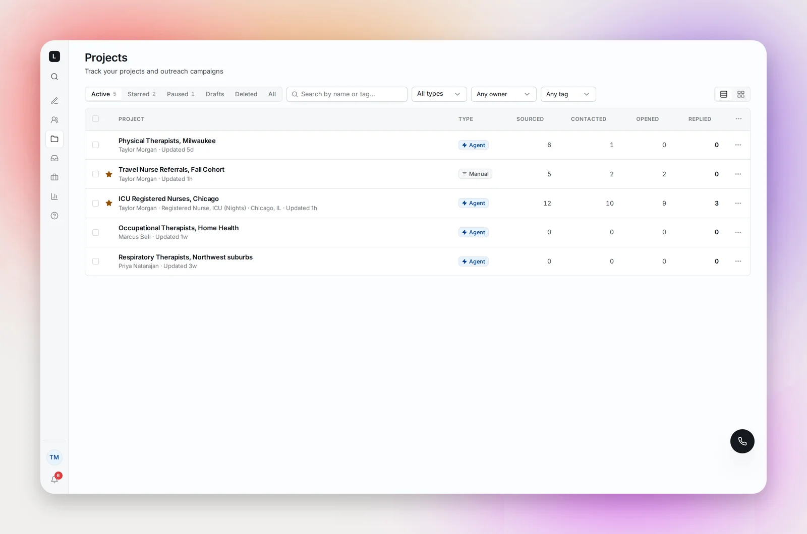 The sidebar and the Projects page