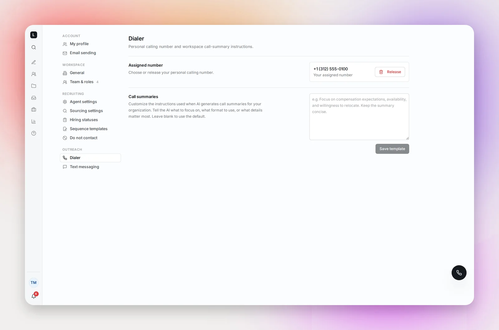 The Dialer section of Settings