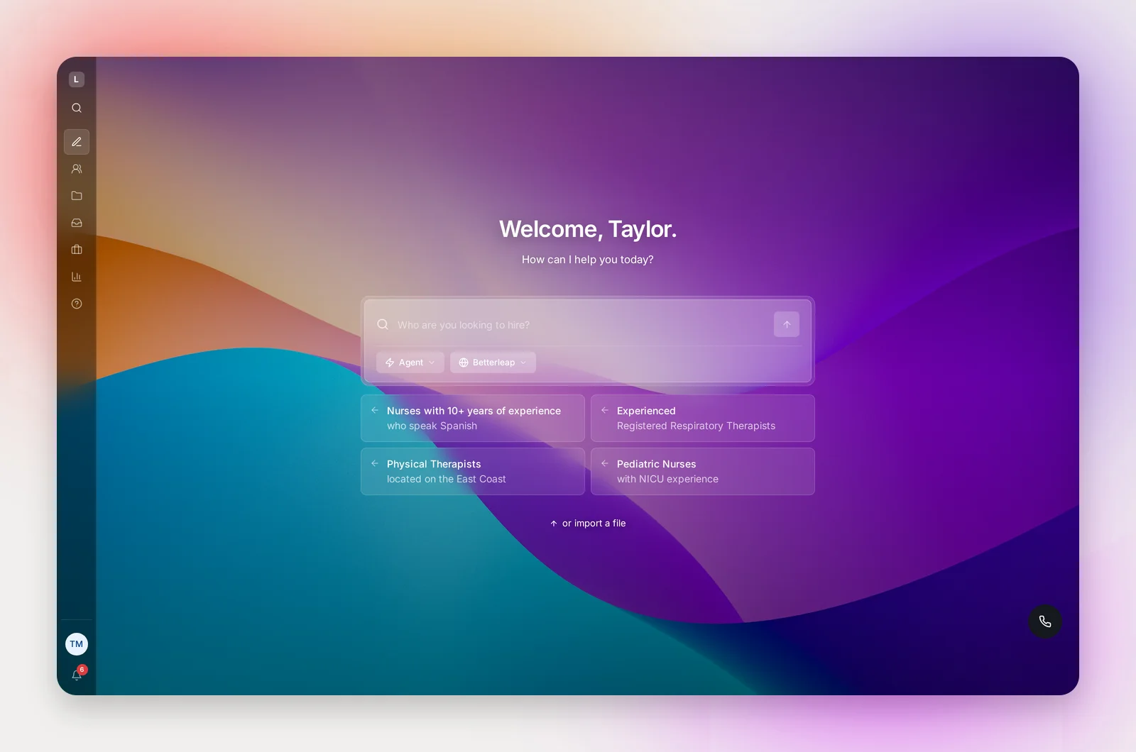 The home screen, where every project starts
