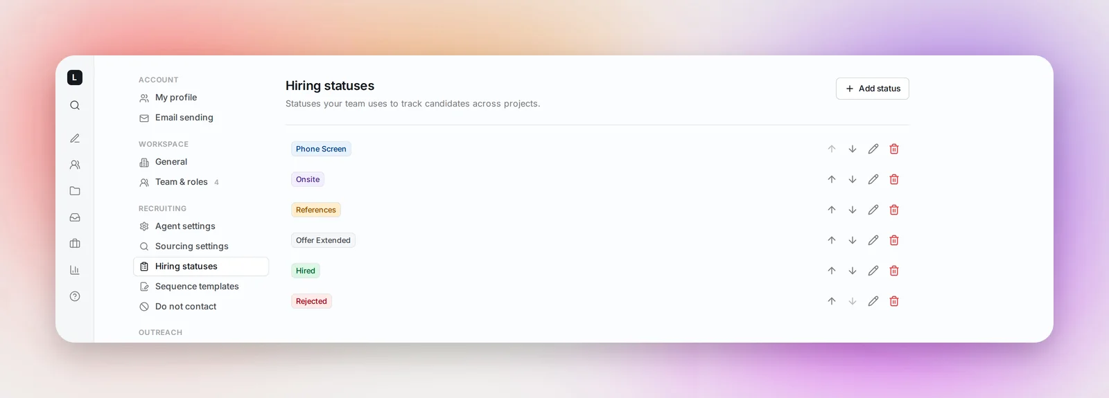 Hiring statuses in Settings