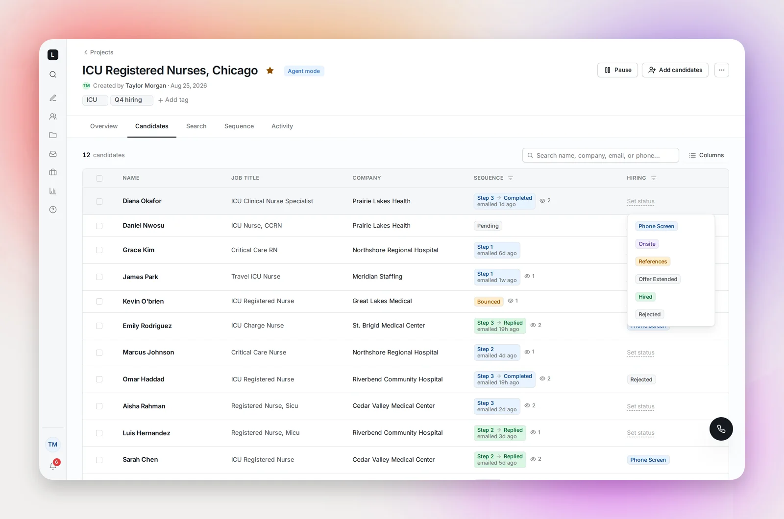 Setting a hiring status from the Candidates tab