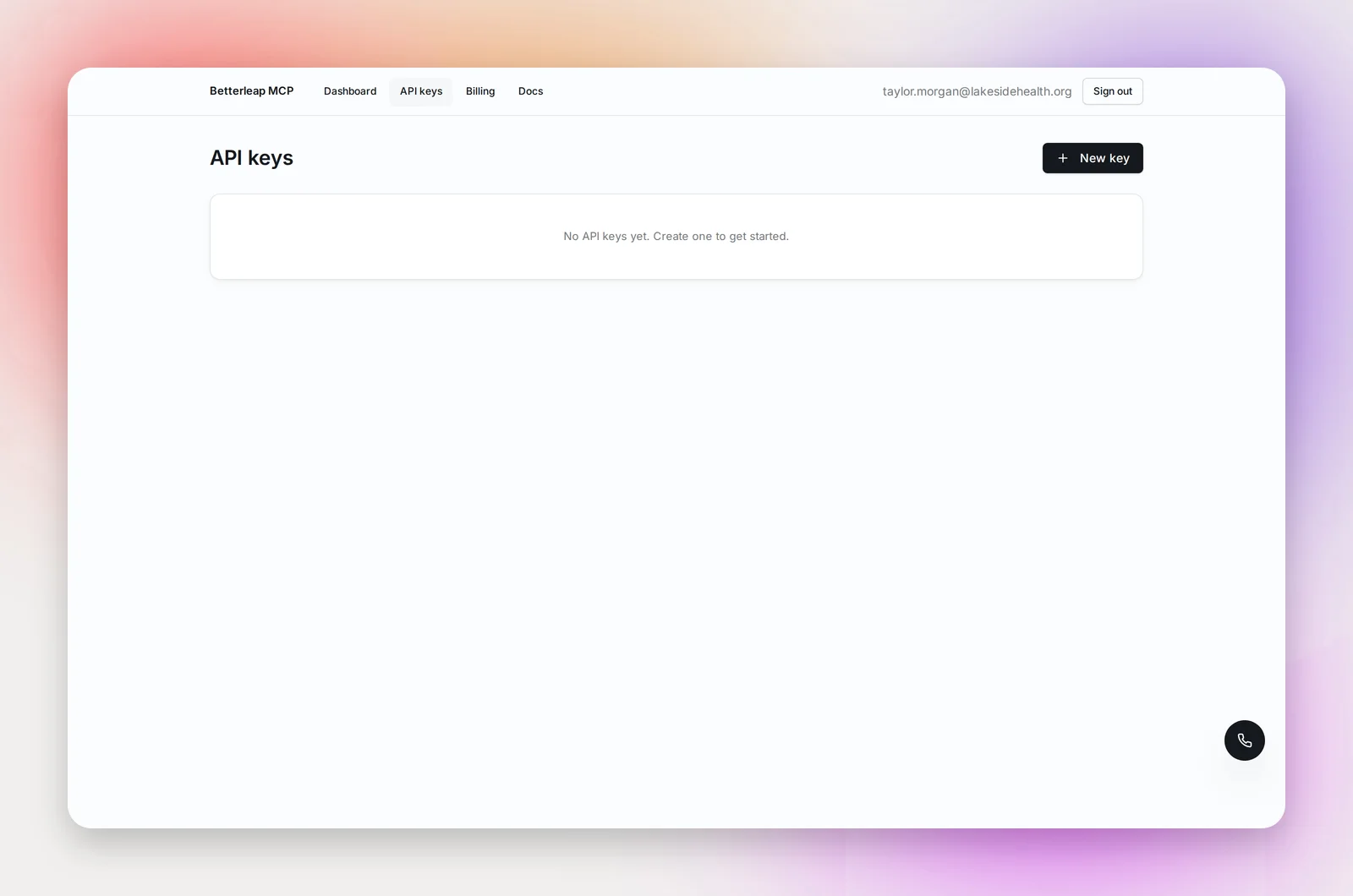 The API keys page
