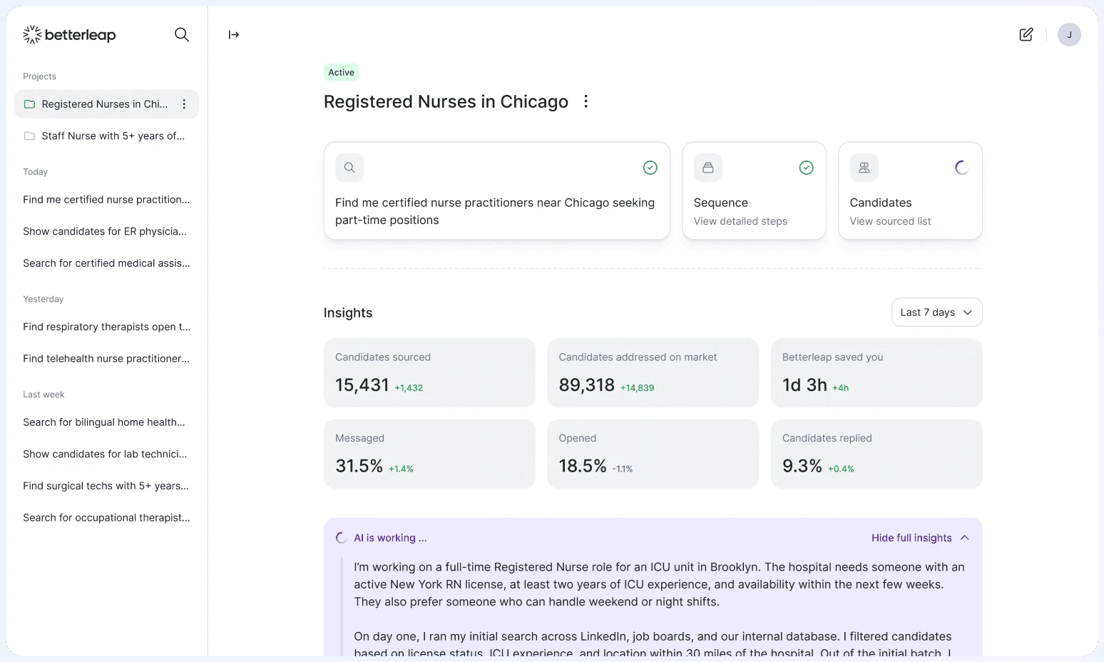 Betterleap project view with search, sequence and candidate insights